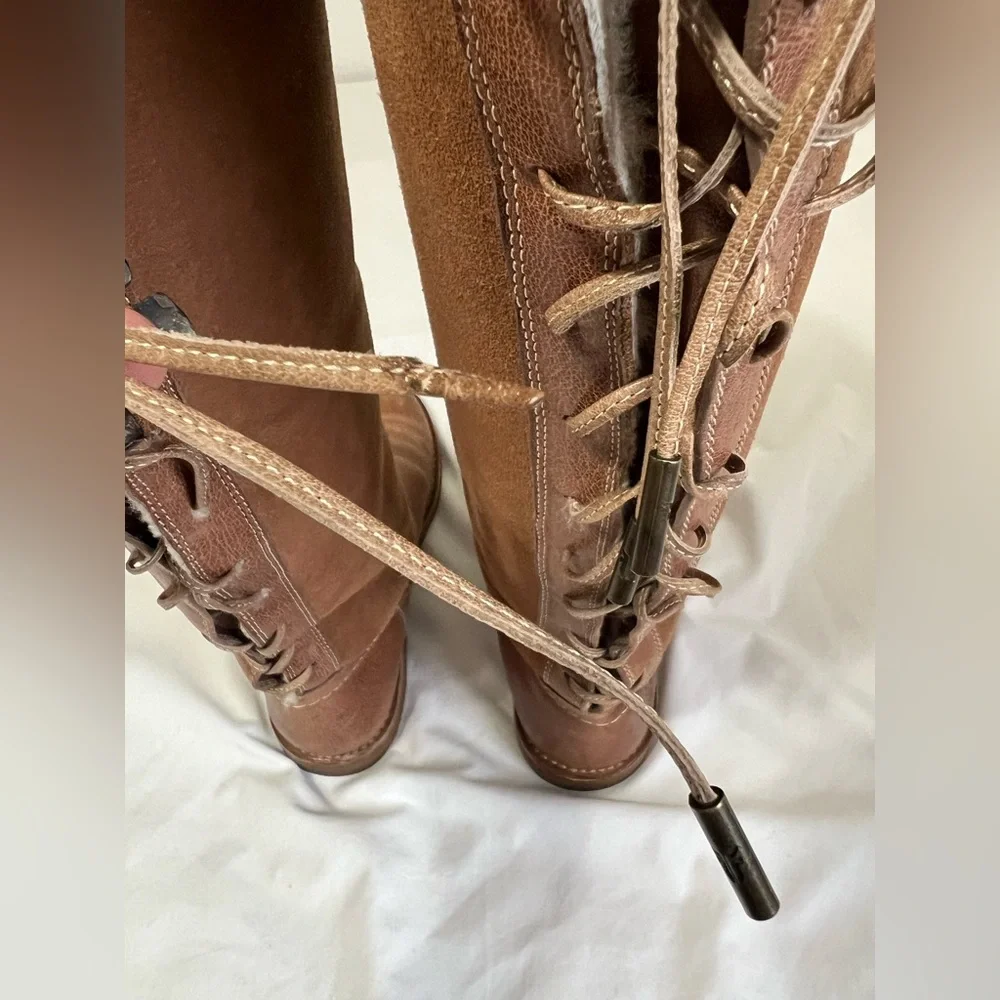 Frye Riding Cozy Tall leather Shearling lined Equestrian Boots Lace Up Back - Picture 11 of 13